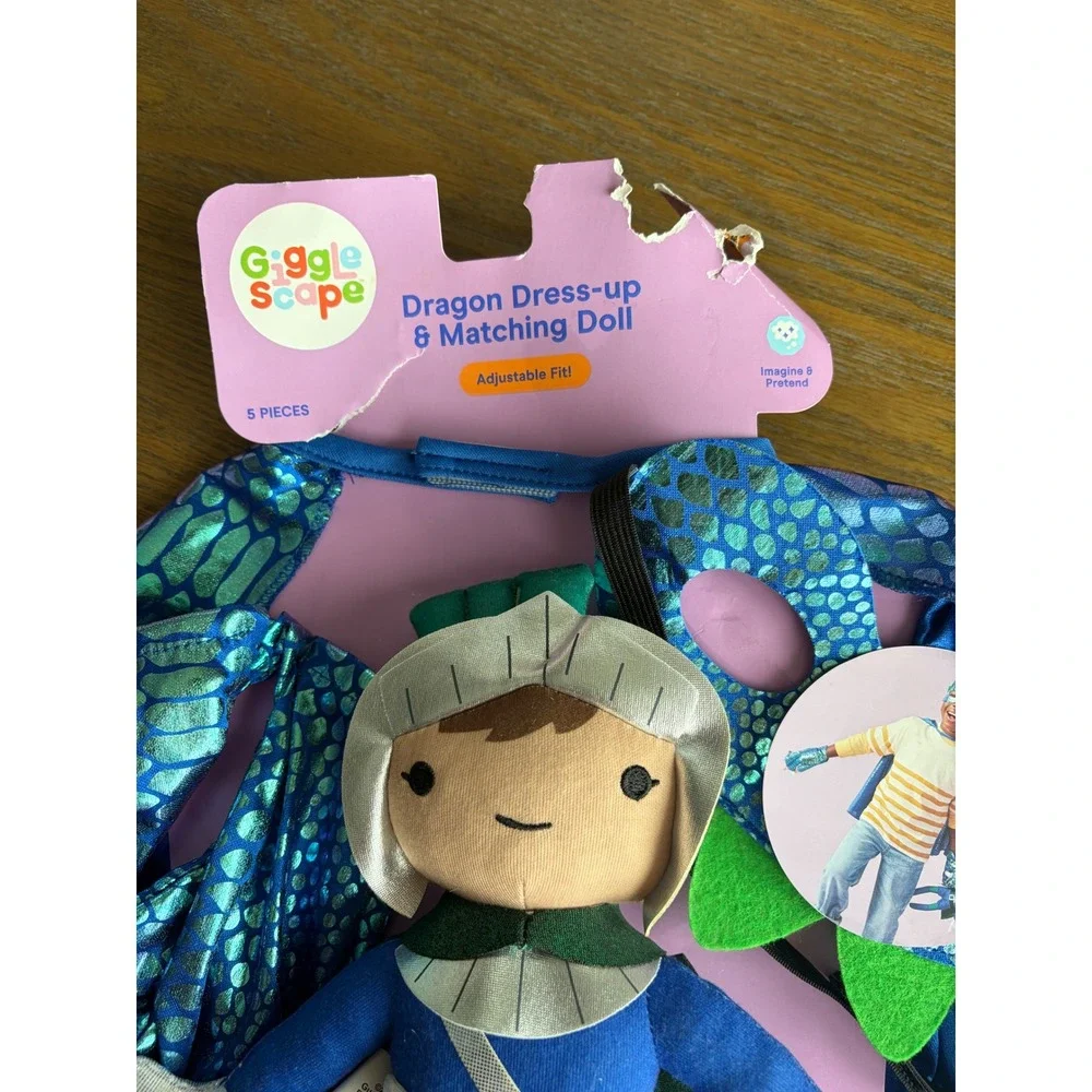 Giggle Scape Kids Dragon Dress-up & Matching Doll Set Blue Green 5 Piece NIB
